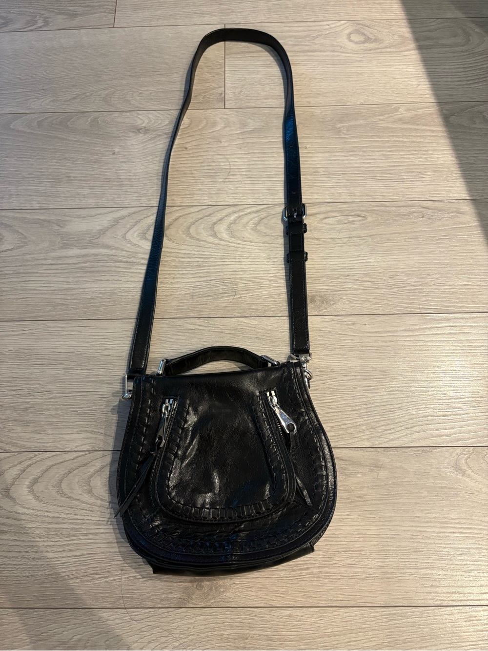 Rebecca Minkoff Black Leather Messenger Bag with Metal Logo